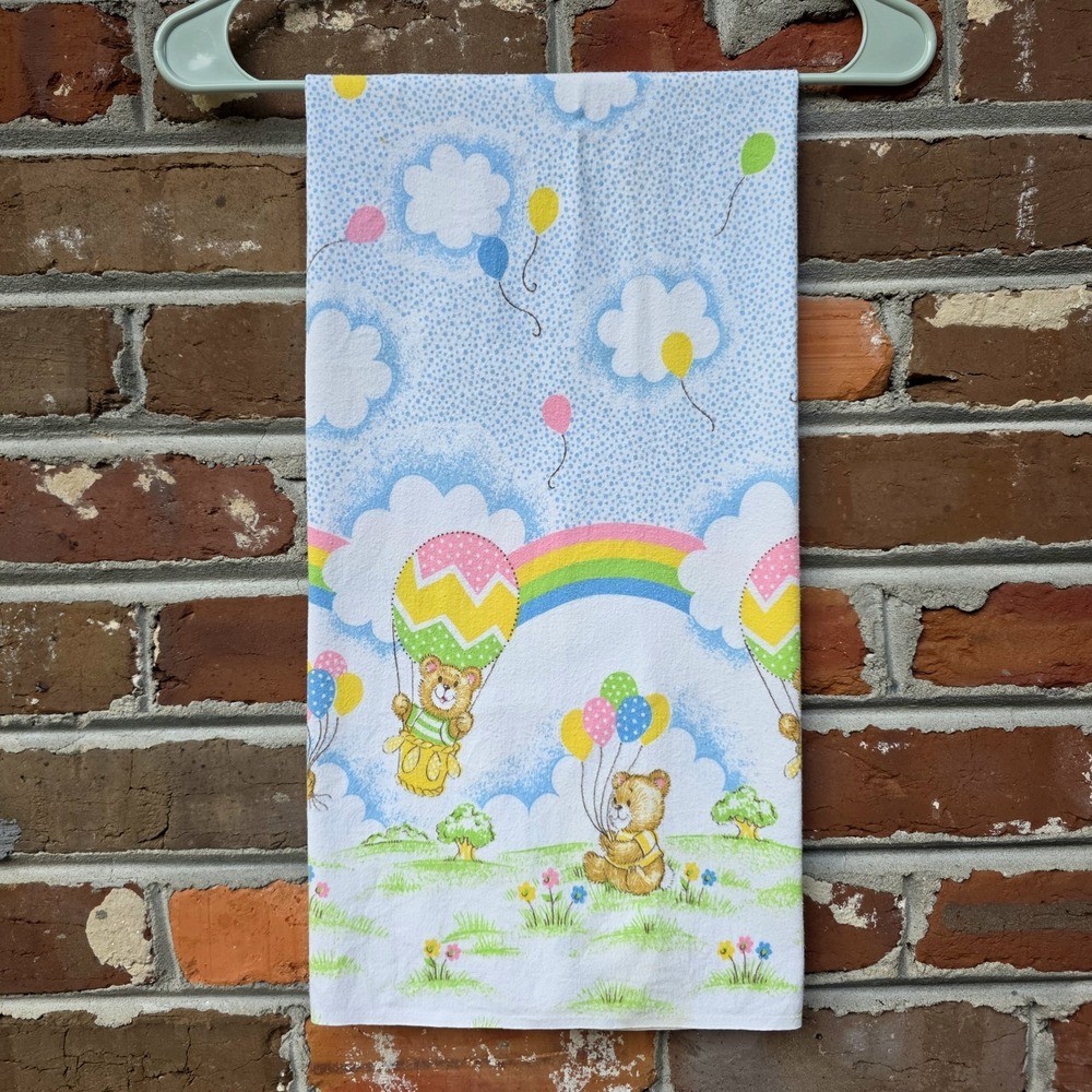 ToddleTime Baby Blanket Bears Rainbows Hot Air Balloons Cotton USA 80s 90s